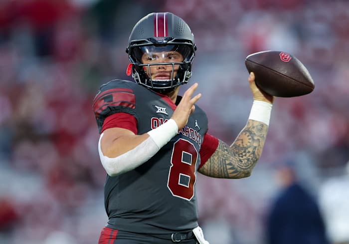 Oklahoma Sooners quarterback Dillon Gabriel throws a pass in warmups facing the West Virginia Mountaineers.